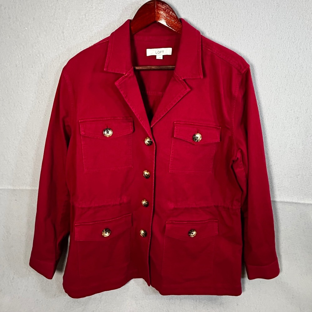 Loft Utility Field Jacket Womens Medium Cotton Twill Drawstring Waist M Red